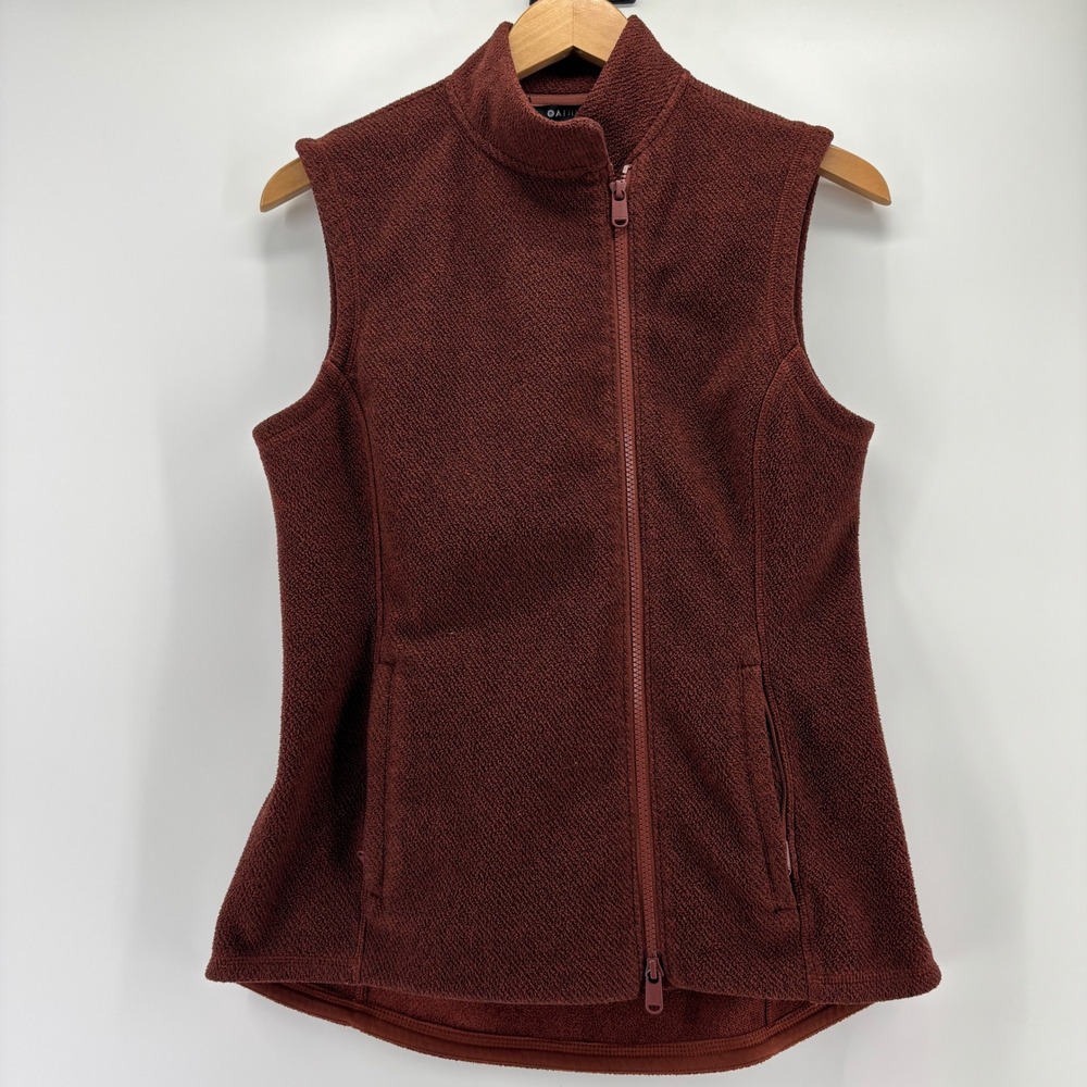 Athleta Stroll Fleece Moto Vest Womens Small Mahogany Asymmetrical Zip Pocket